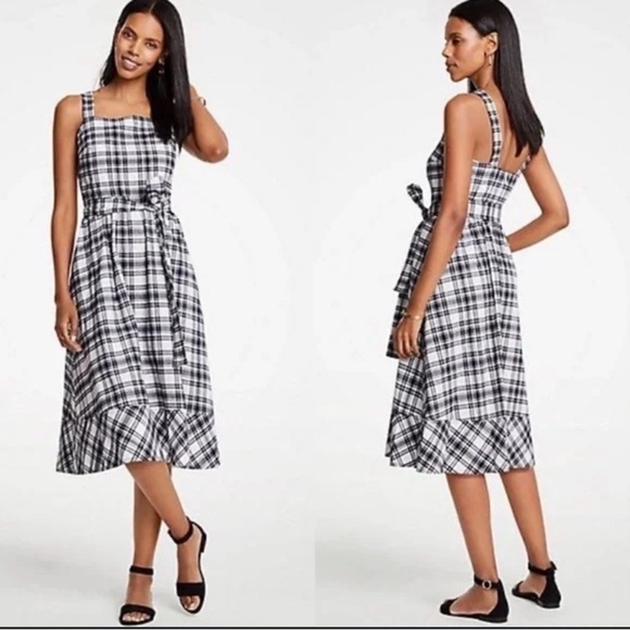 Ann Taylor Plaid Tie Waist Flare Midi Dress - Picture 4 of 7